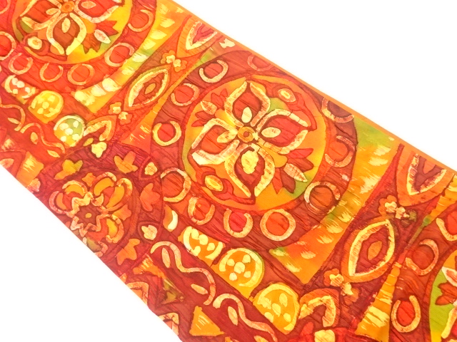 リサイクル　ふくれ織連珠文に草花模様袋帯